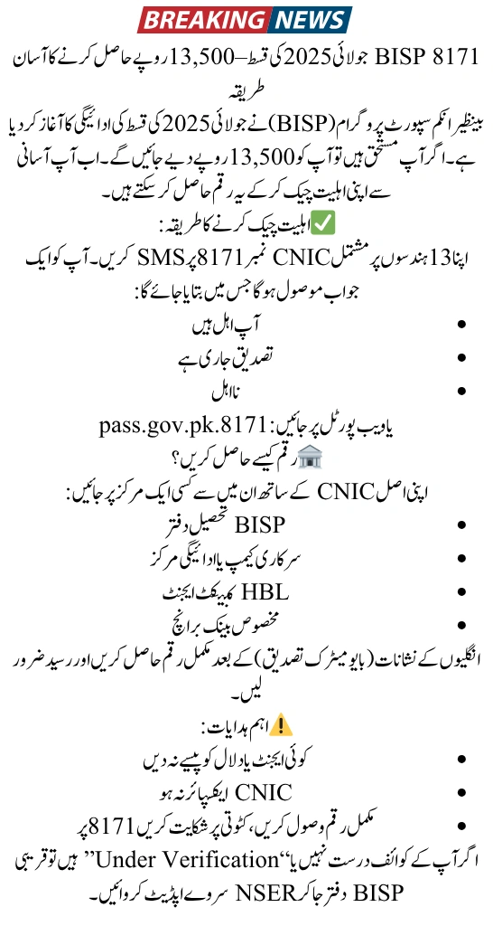 8171 BISP July 2025 Payment – Check CNIC Eligibility & Rs.13,500 Disbursement Status Online