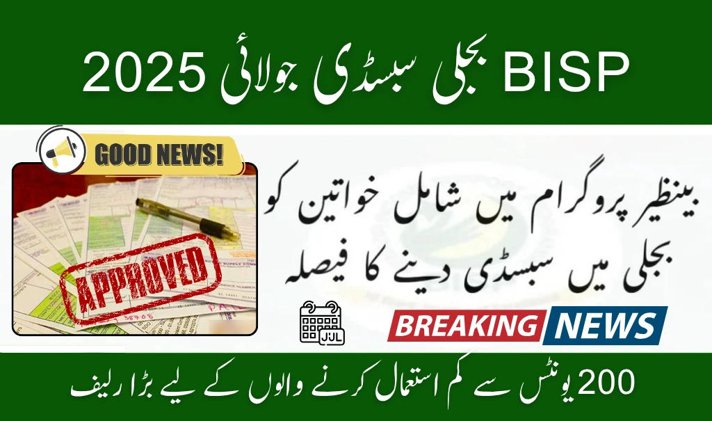 BISP Electricity Subsidy July 2025 – Monthly Bill Discount for Families Using Under 200 Units