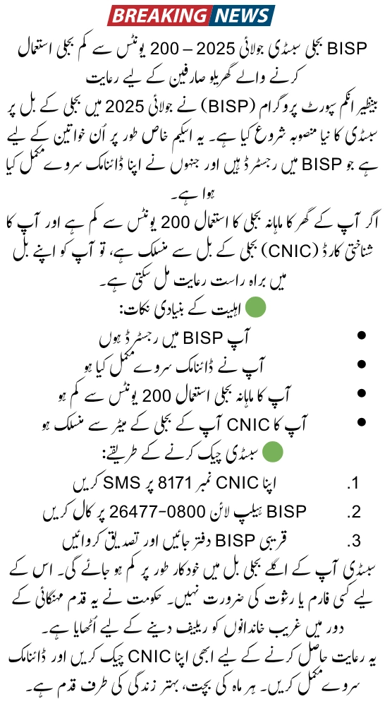 BISP Electricity Subsidy July 2025